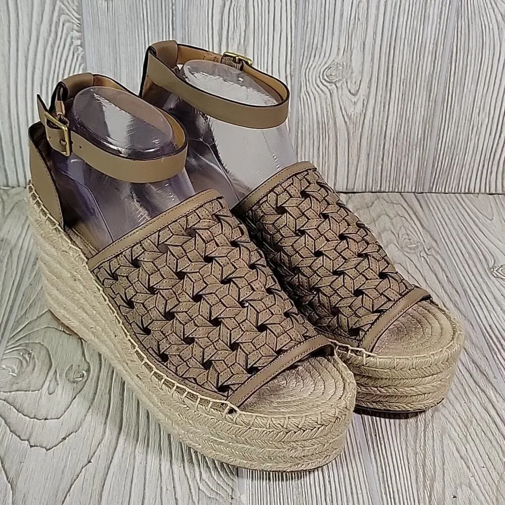 Tory Burch Basketweave Espadrille Wedge Leather Sandals Womens 10.5 NEW